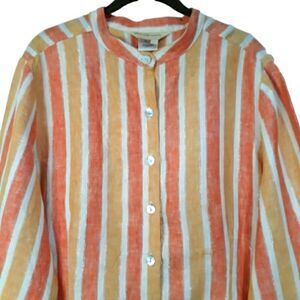 Norm Thompson 100% Linen Long-Sleeve Striped Sparkle Button Down Shirt/ Tunic…